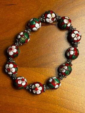 Cloisonné Beaded Bracelet Red Floral Enamel Stretch Bracelet